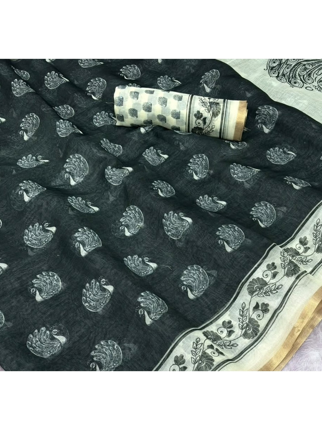 Peachmode Black Animal Print Linen Cotton Saree - Image 5