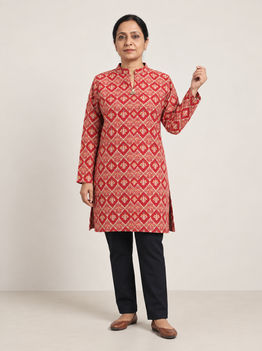 Peachmode Red Woolen Geometric Floral Printed Kurti - Image 5