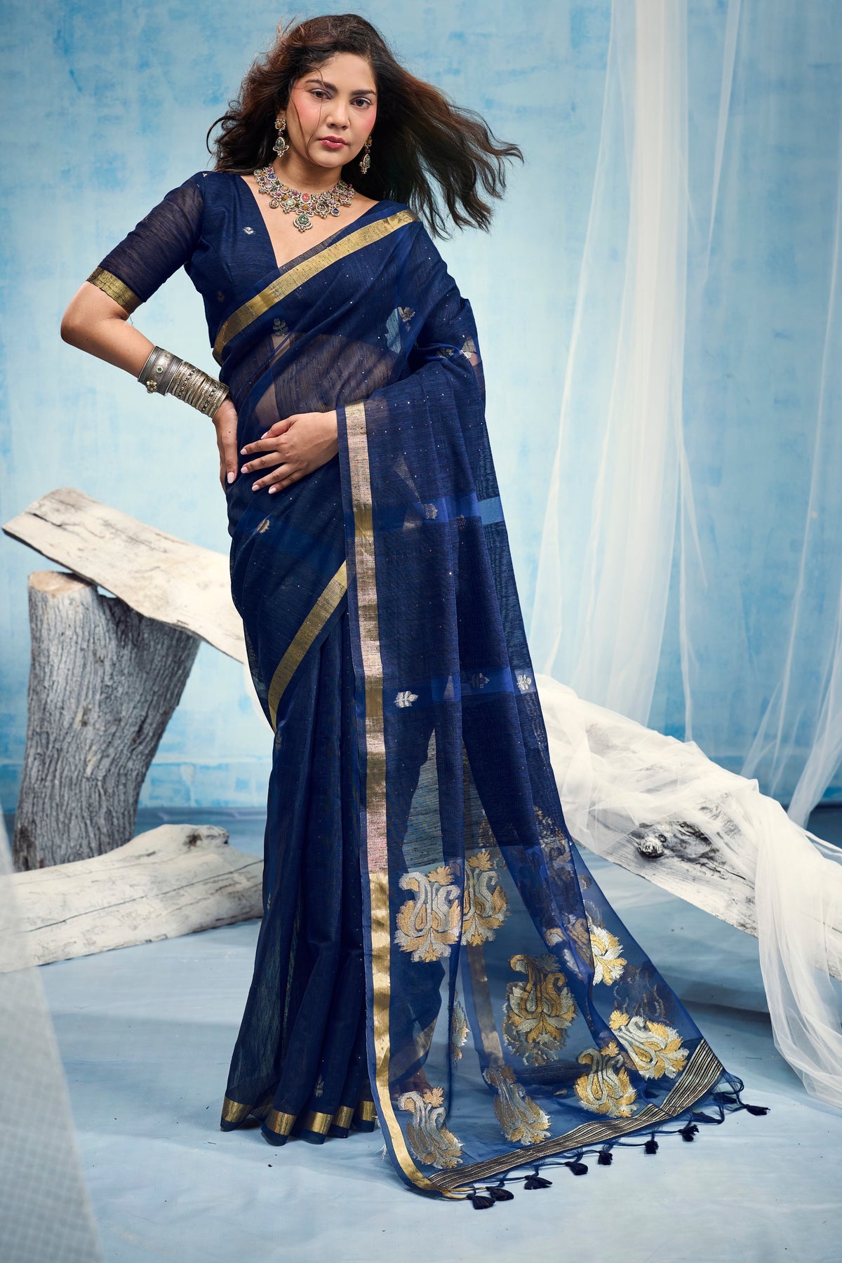 Peachmode Navy Blue Pure Munga Silk Handloom Woven Saree - Image 1
