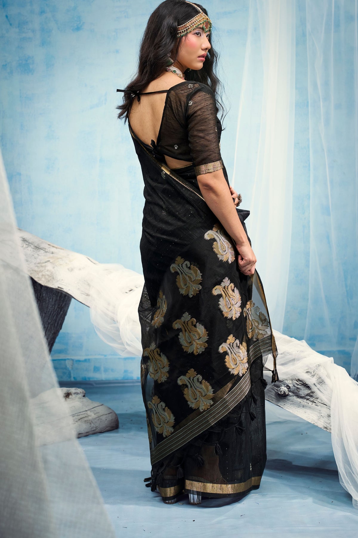 Peachmode Black Pure Munga Silk Handloom Woven Saree - Image 3