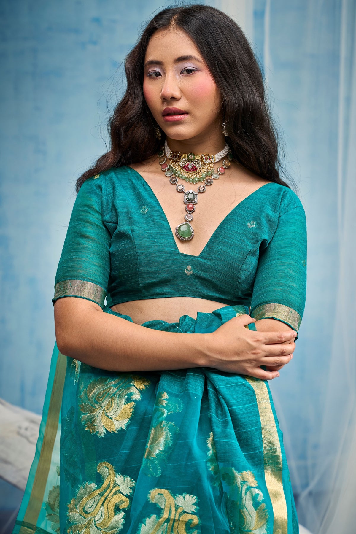 Peachmode Teal Pure Munga Silk Handloom Woven Saree - Image 2