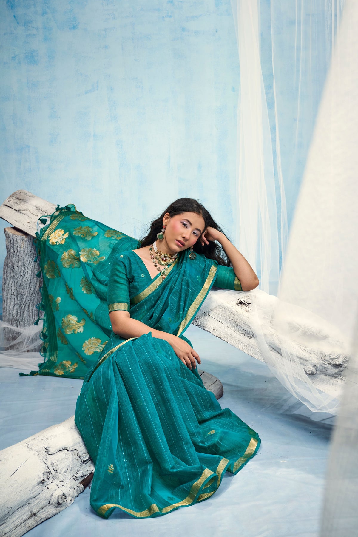 Peachmode Teal Pure Munga Silk Handloom Woven Saree - Image 4