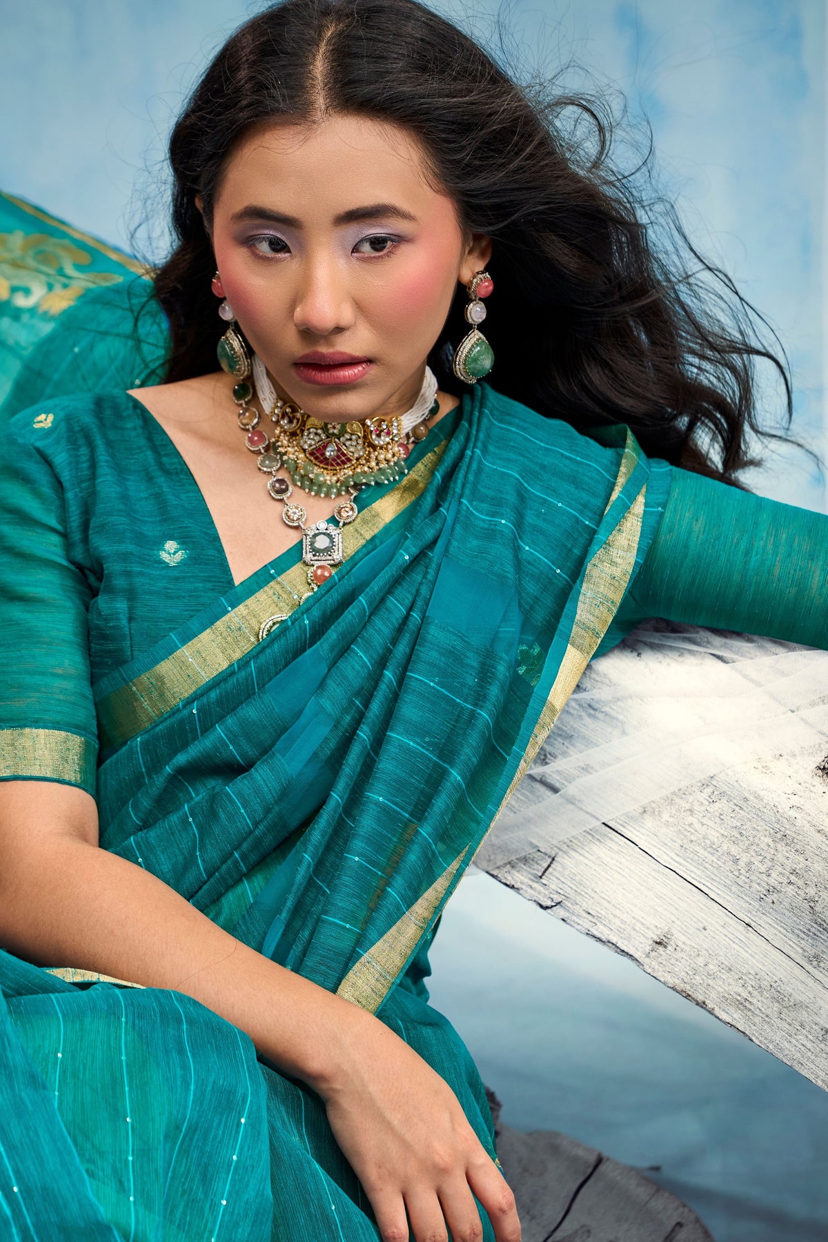 Peachmode Teal Pure Munga Silk Handloom Woven Saree - Image 5