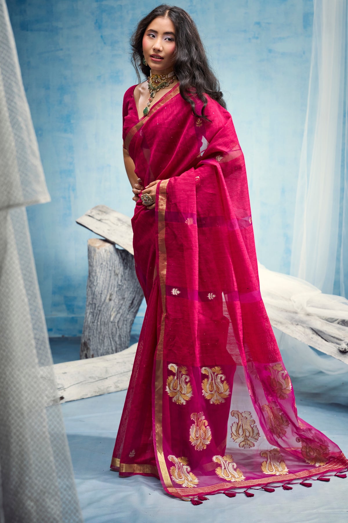 Peachmode Pink Pure Munga Silk Handloom Woven Saree - Image 1