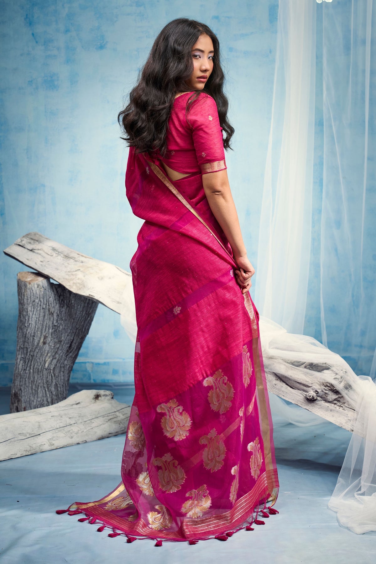 Peachmode Pink Pure Munga Silk Handloom Woven Saree - Image 3
