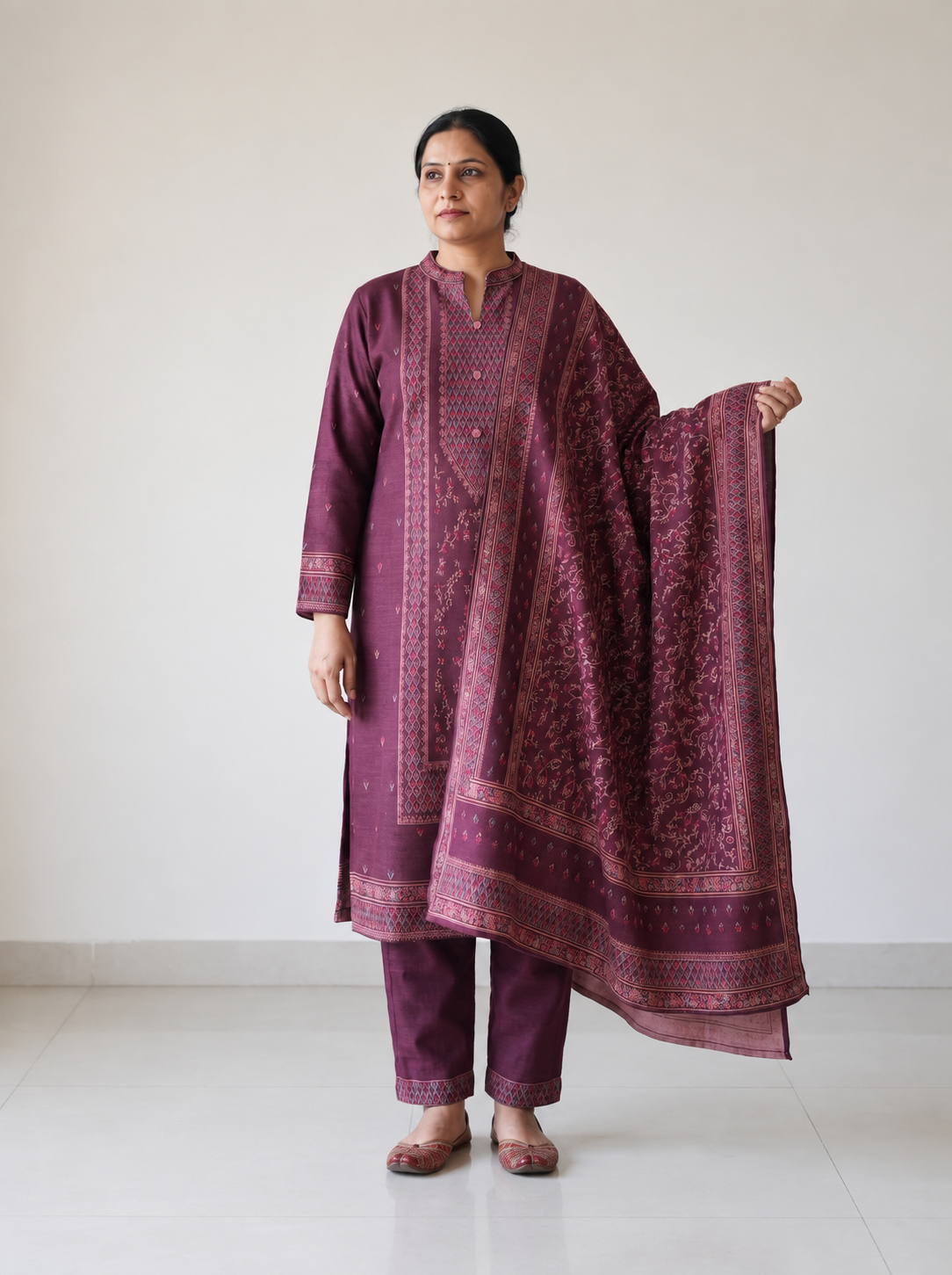 Peachmode Wine Woolen Motif Salwar Suit With Dupatta - Image 1
