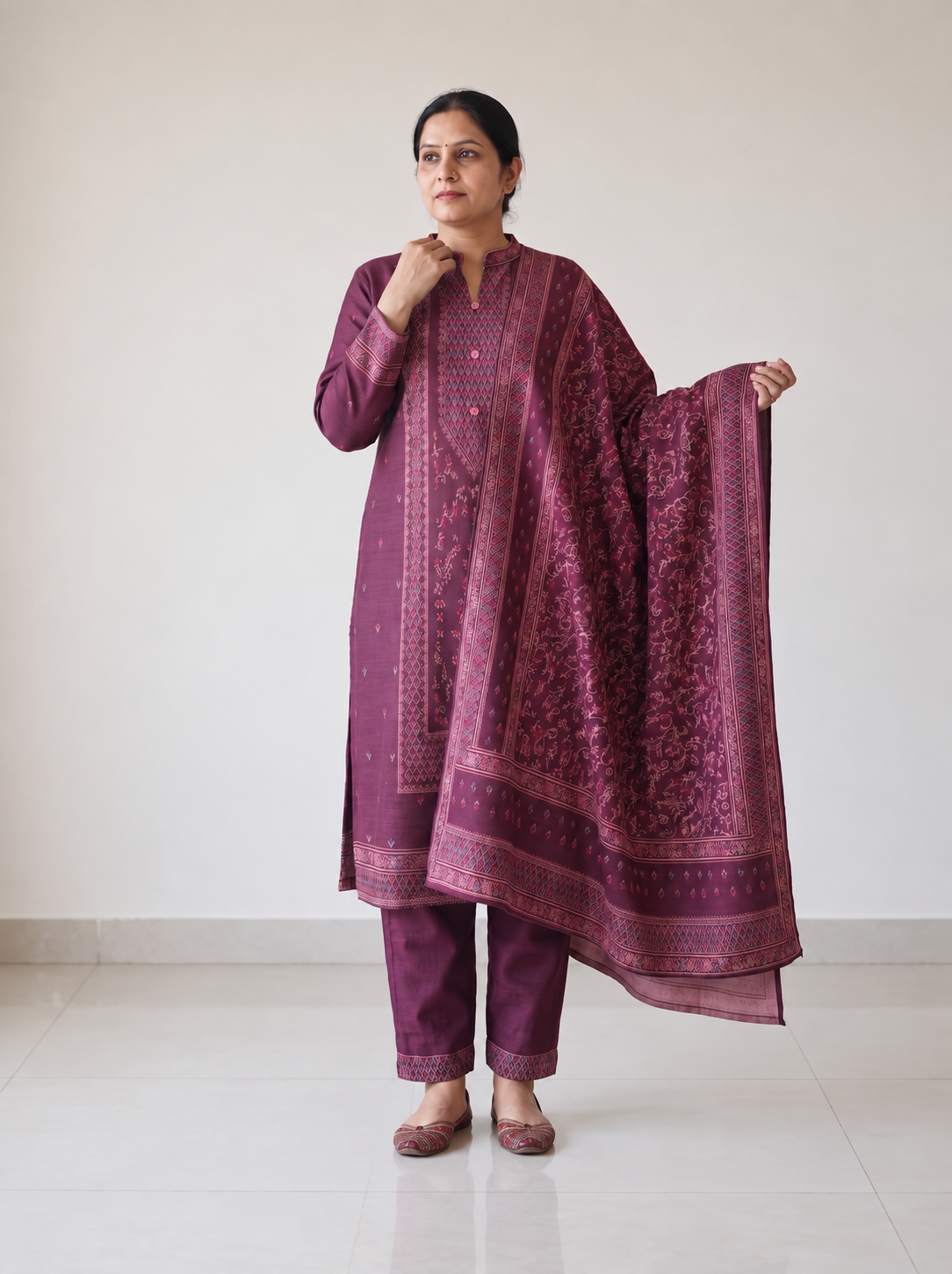Peachmode Wine Woolen Motif Salwar Suit With Dupatta - Image 5