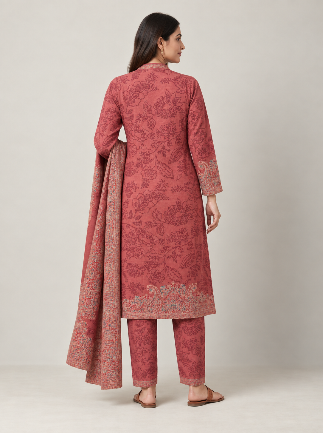 Peachmode Rose Woolen Floral Motif Salwar Suit - Image 4