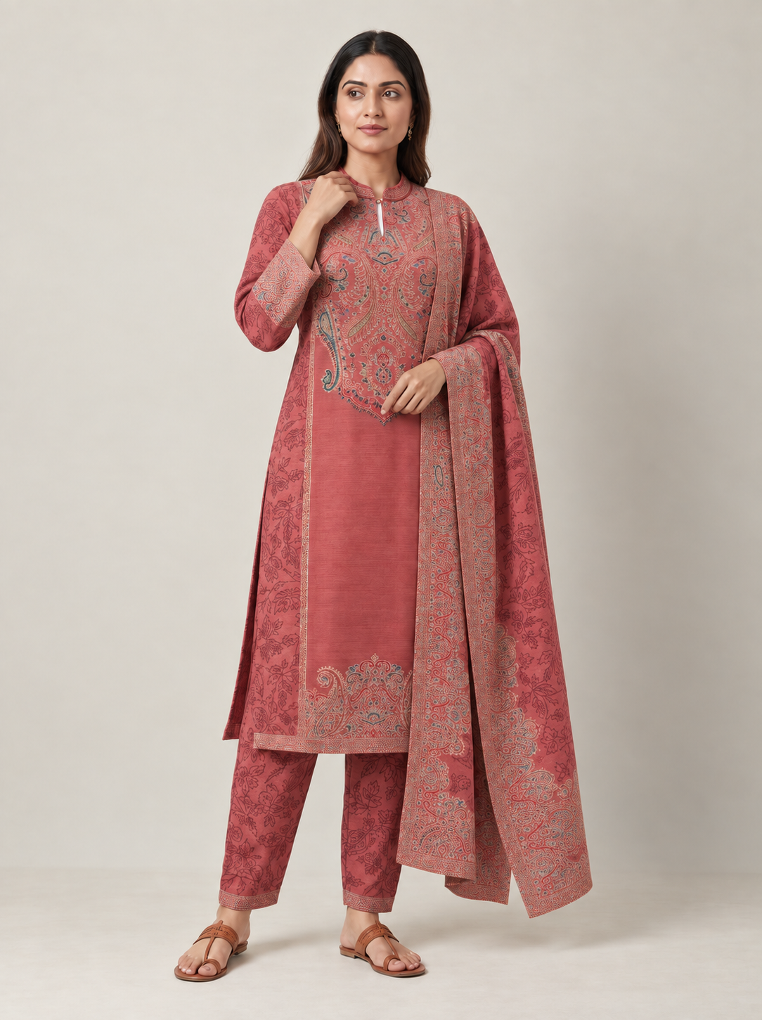 Peachmode Rose Woolen Floral Motif Salwar Suit - Image 5