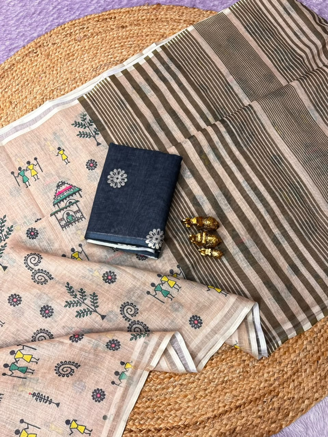 Peachmode Beige Warli Printed Linen Saree - Image 4