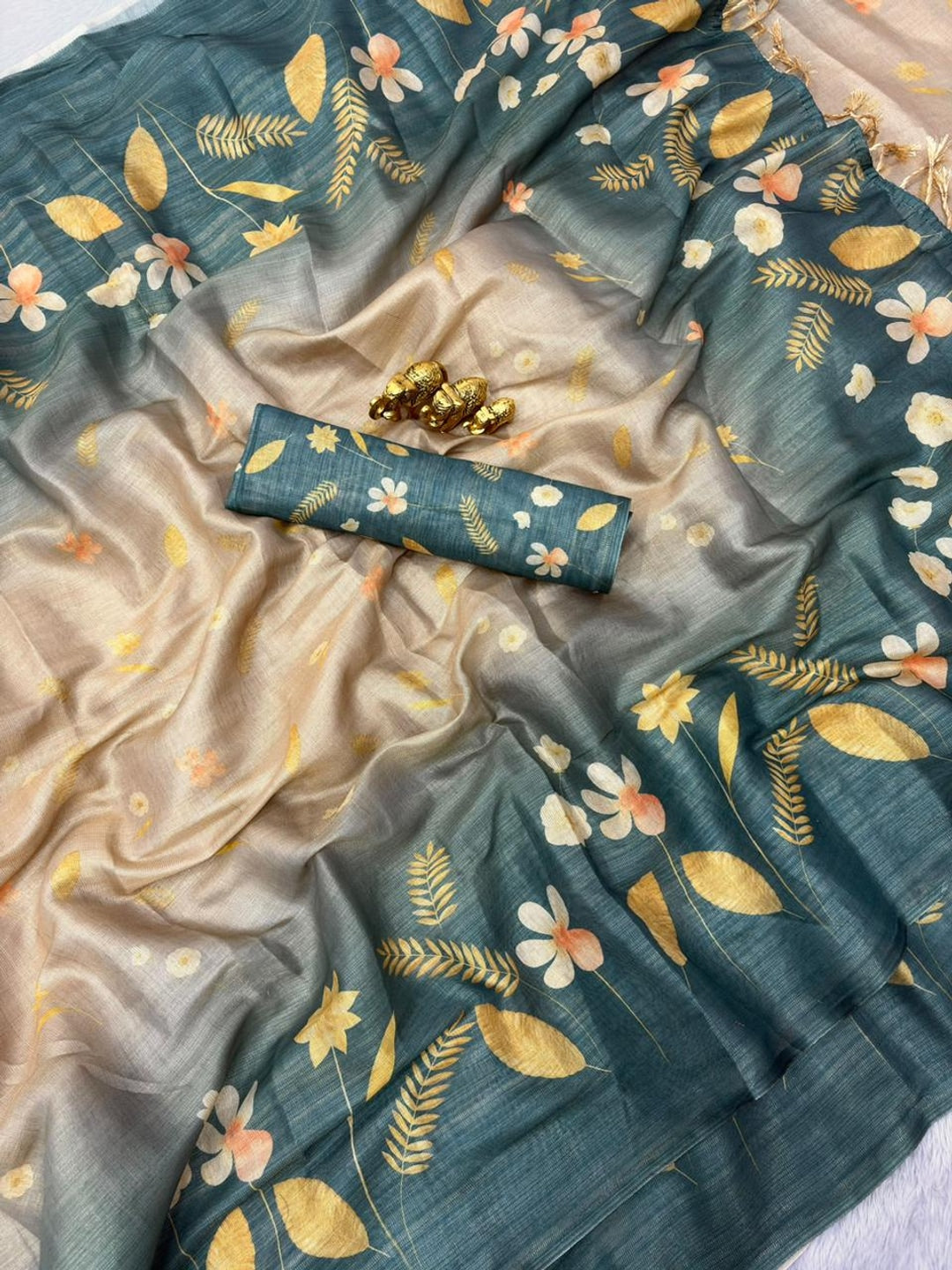 Peachmode Grey Ombre Floral Printed Erod Silk Saree - Image 3