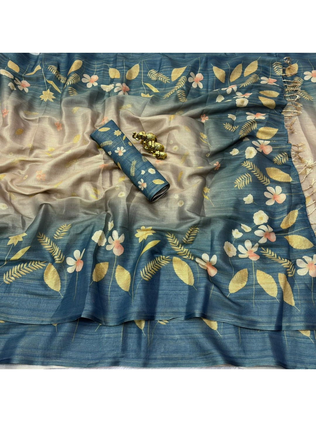 Peachmode Grey Ombre Floral Printed Erod Silk Saree - Image 4