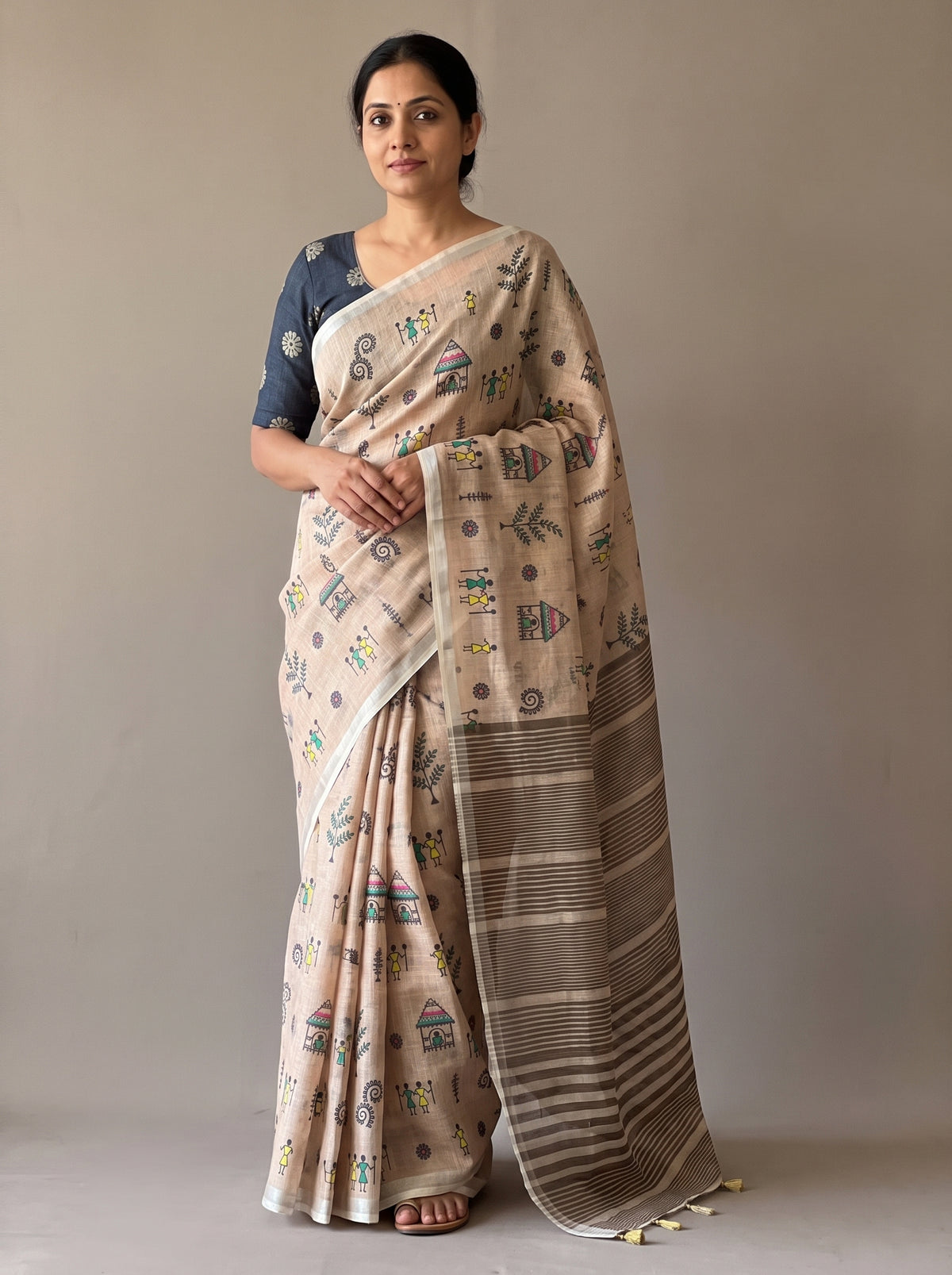 Peachmode Beige Warli Printed Linen Saree - Image 1