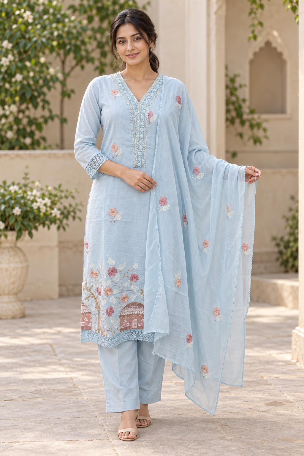 Peachmode Light Blue Embroidered Cotton Salwar Suit - Image 1
