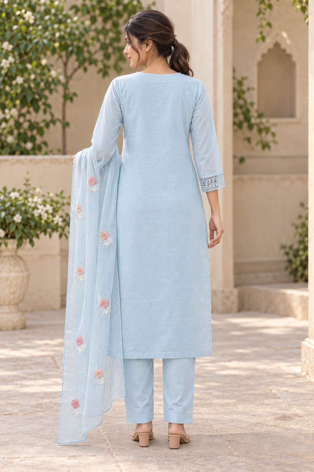Peachmode Light Blue Embroidered Cotton Salwar Suit - Image 4