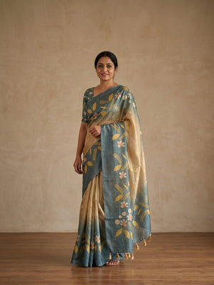 Peachmode Grey Ombre Floral Printed Erod Silk Saree - Image 1