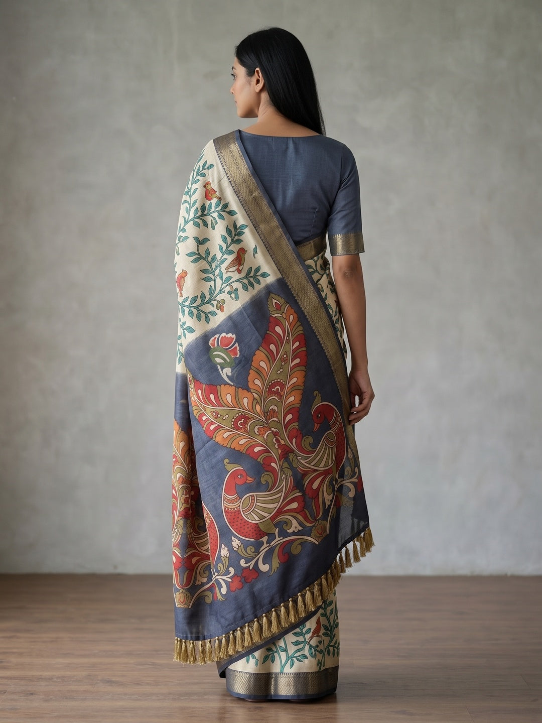 Peachmode Beige Kalamkari Bird Printed Erod Silk Saree - Image 2