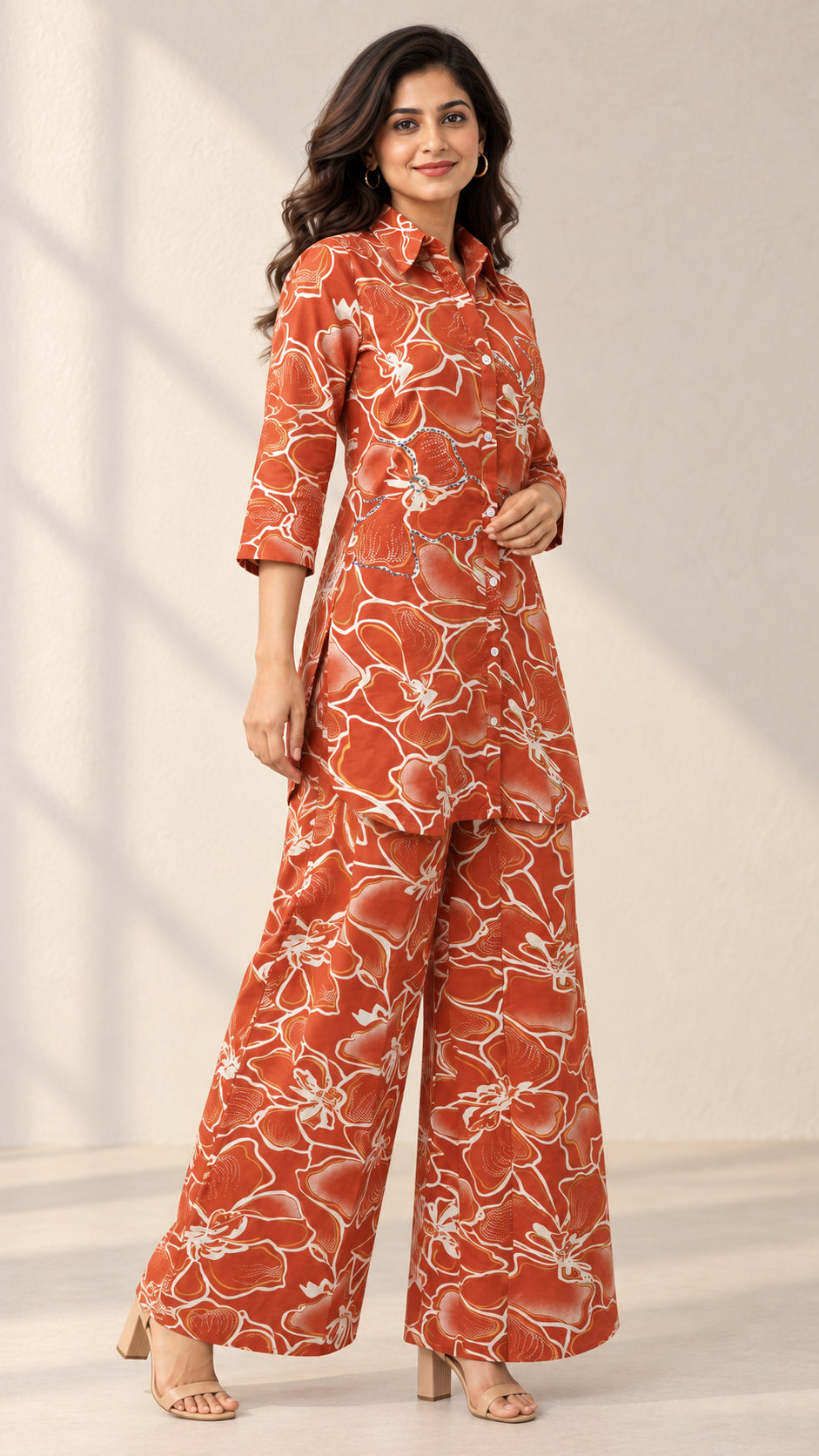 Peachmode Rust Floral Printed Cotton Co-ord Set - Image 3