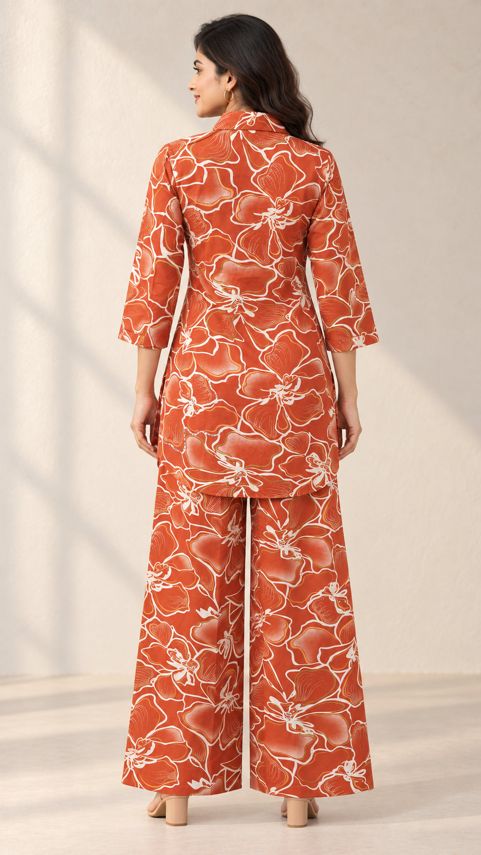 Peachmode Rust Floral Printed Cotton Co-ord Set - Image 4