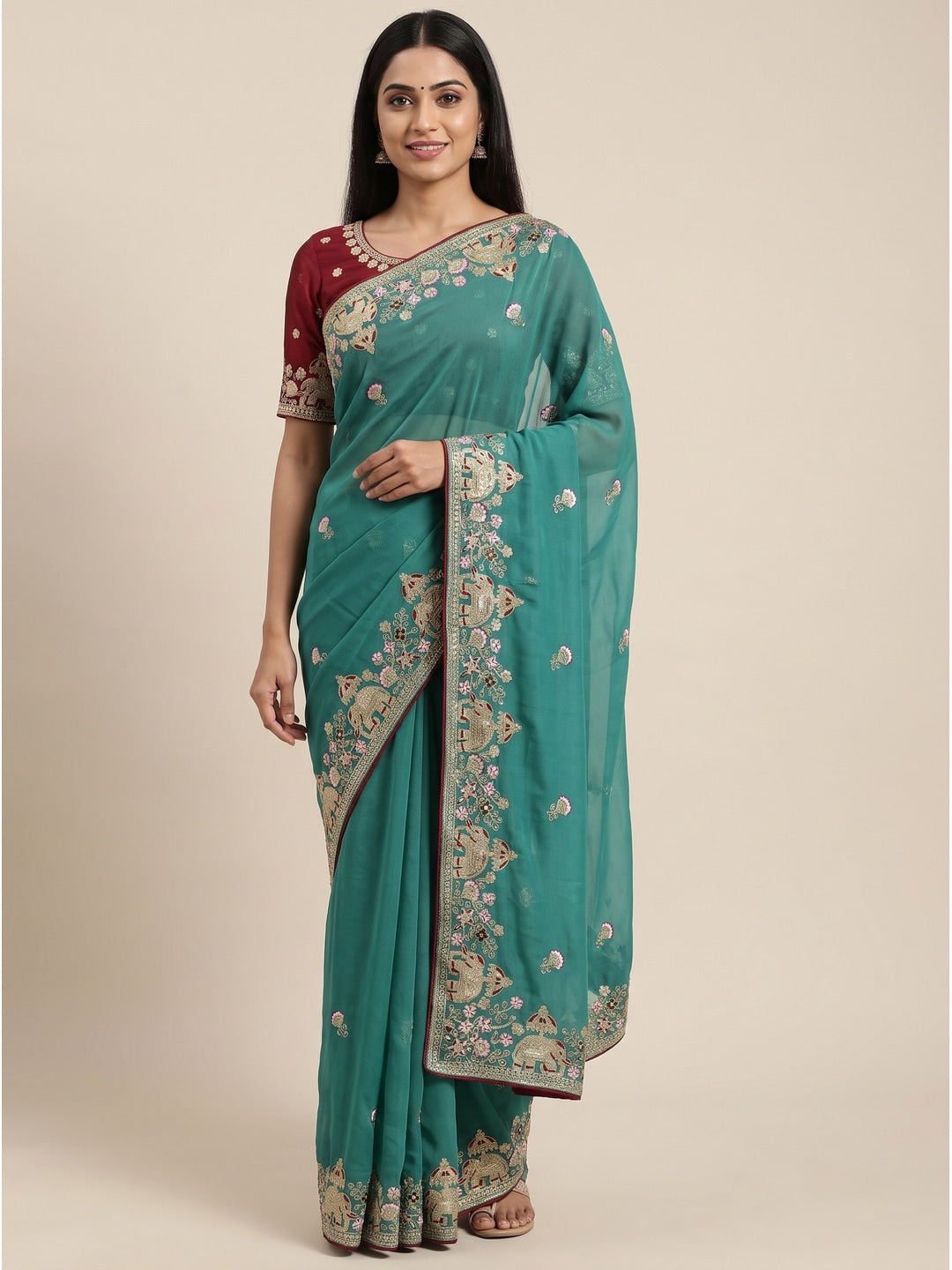 Peachmode Rama Blue Elephant Embroidered Georgette Silk Saree - Image 1
