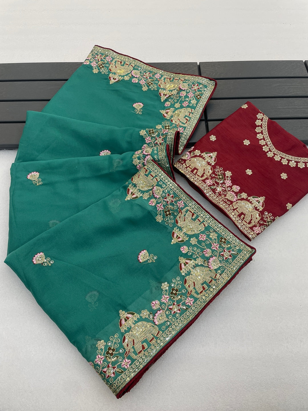 Peachmode Rama Blue Elephant Embroidered Georgette Silk Saree - Image 4