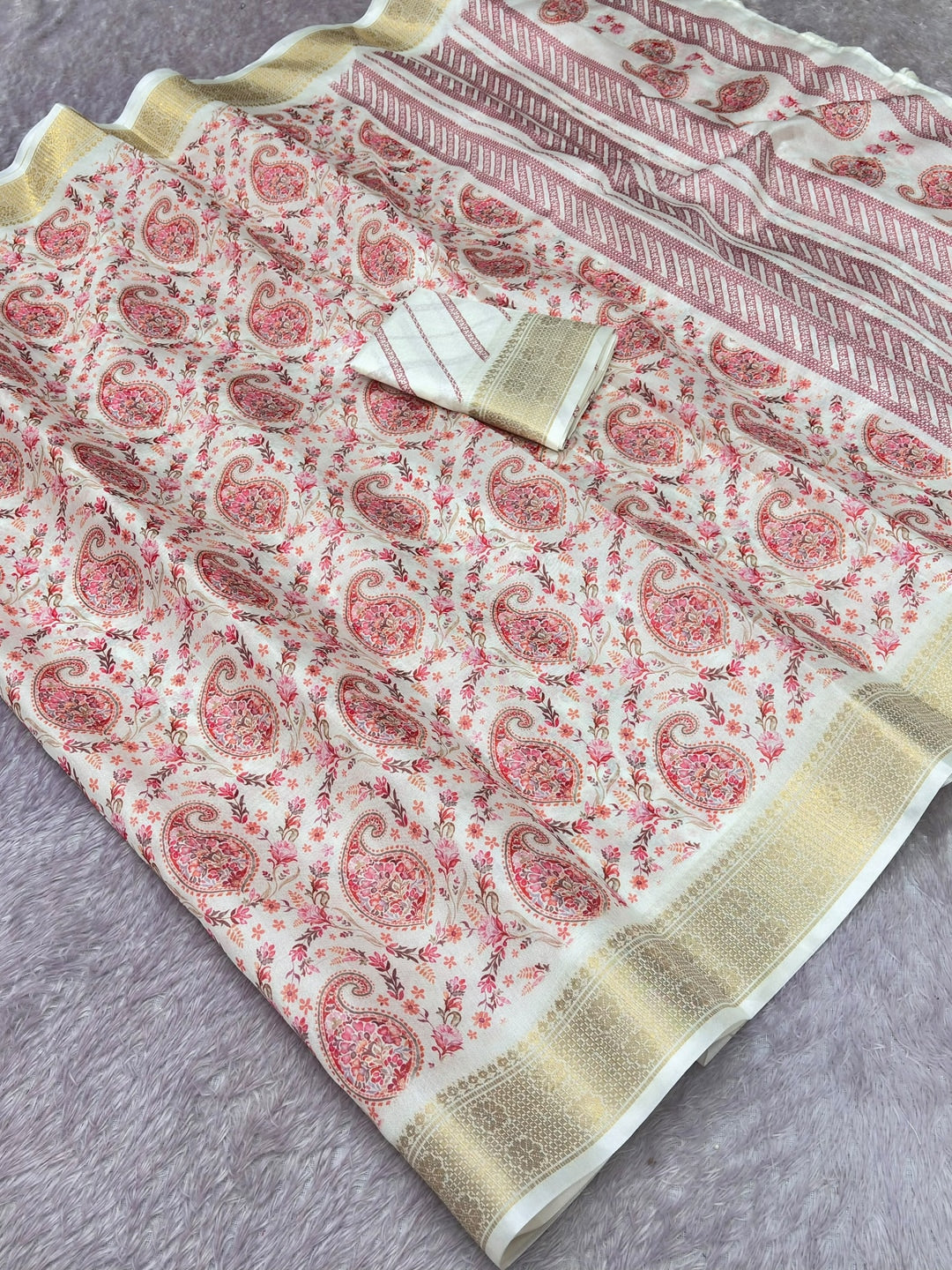 Peachmode Offwhite Dola Silk Position Digital Print Saree - Image 2