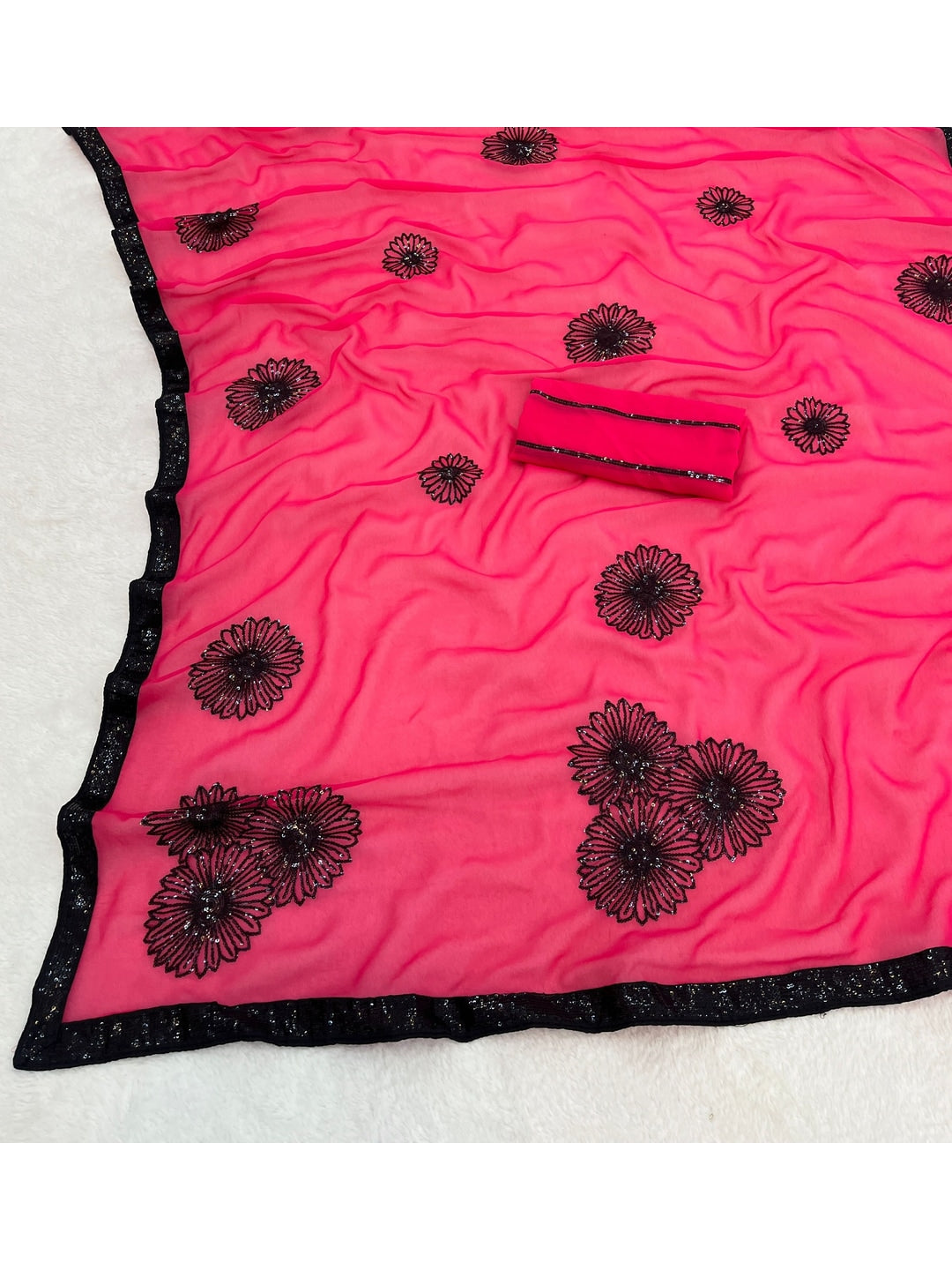 Peachmode Pink Floral Sequin Georgette Saree With Blouse - Image 5