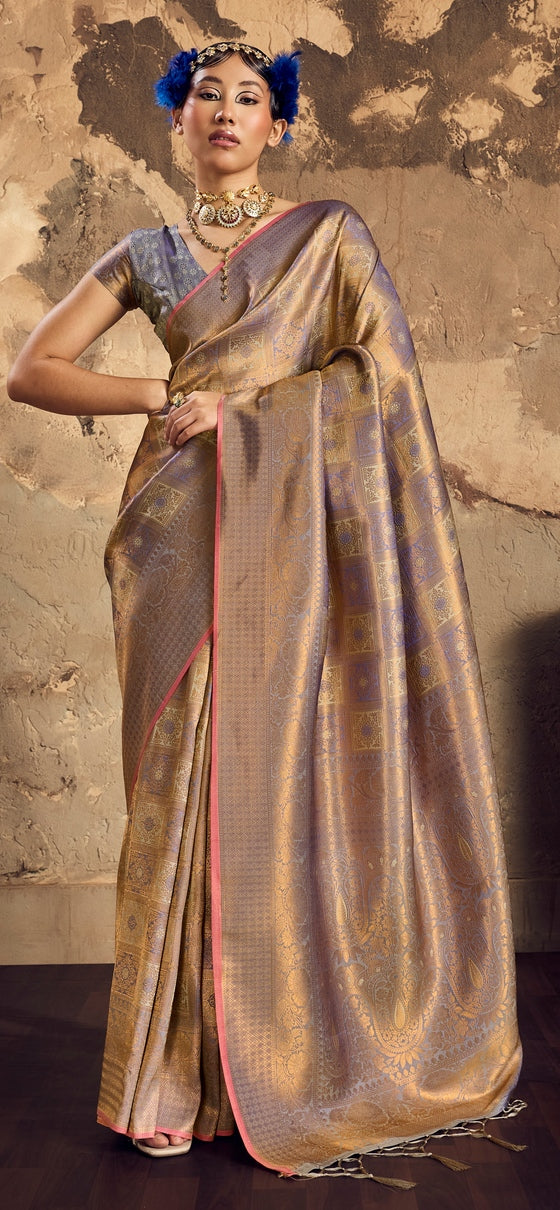 Peachmode Grey Handloom Silk Woven Saree - Image 1