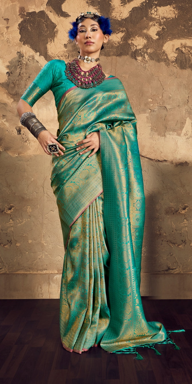 Peachmode Teal Handloom Silk Woven Saree - Image 1
