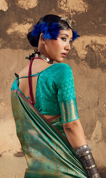 Peachmode Teal Handloom Silk Woven Saree - Image 2