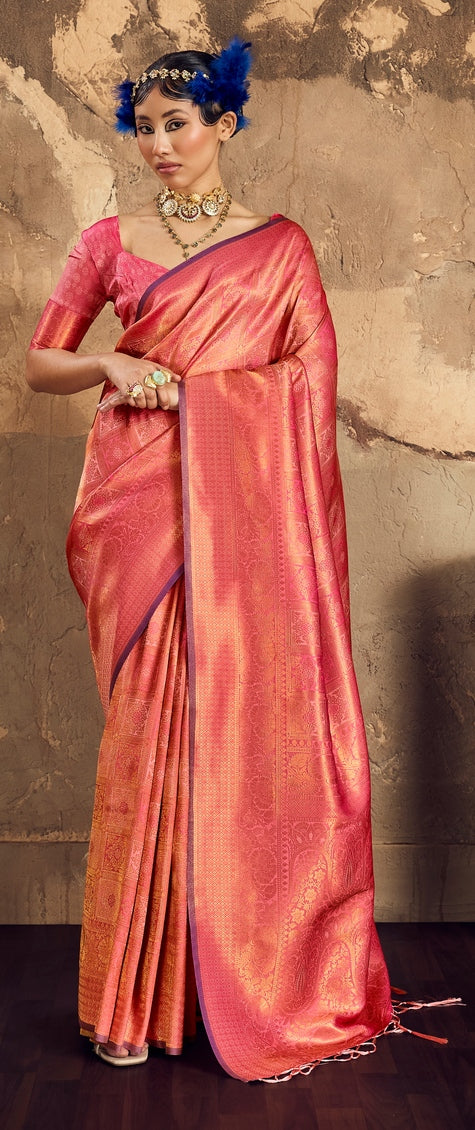Peachmode Coral Handloom Silk Woven Saree - Image 1