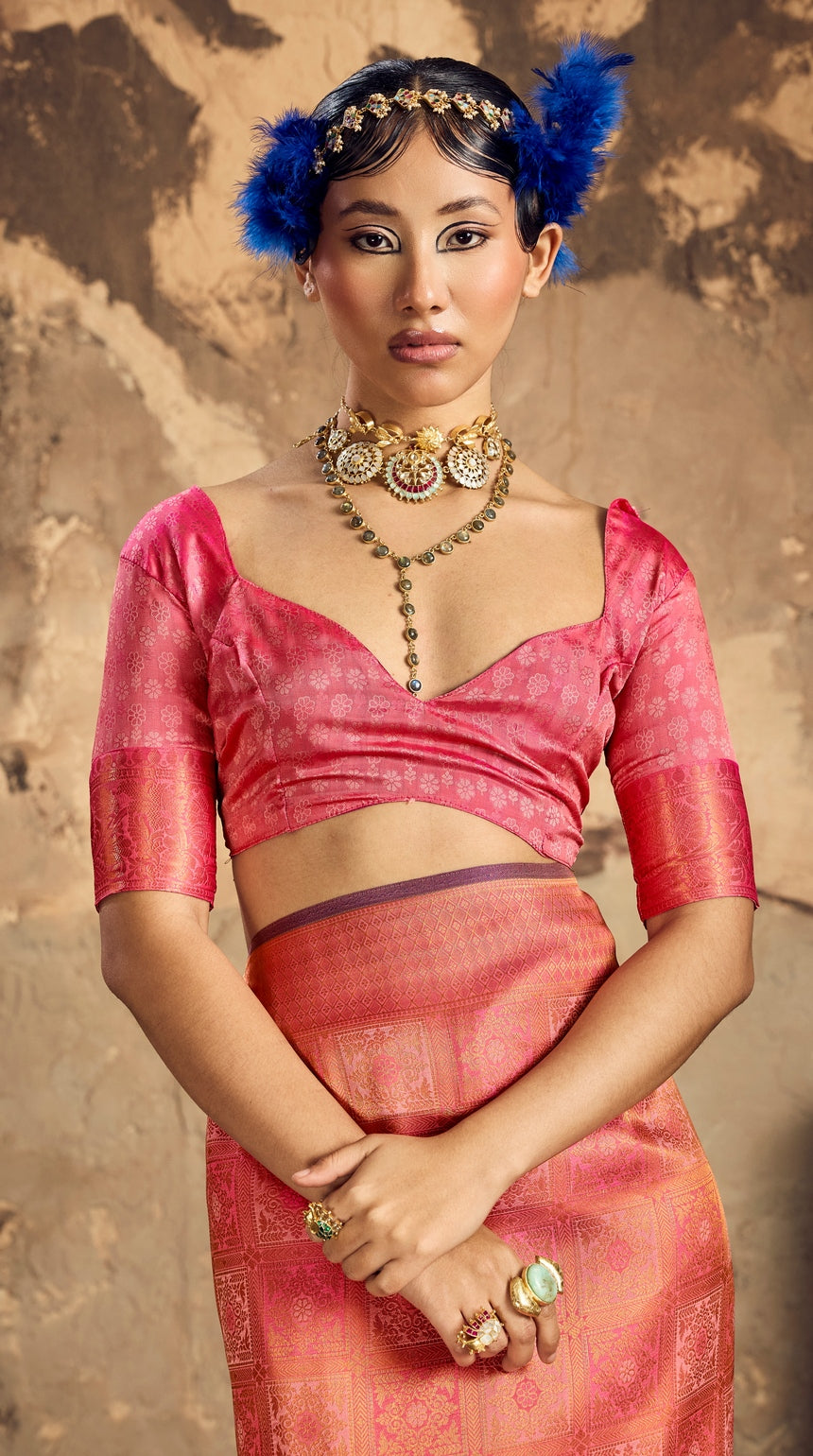 Peachmode Coral Handloom Silk Woven Saree - Image 3