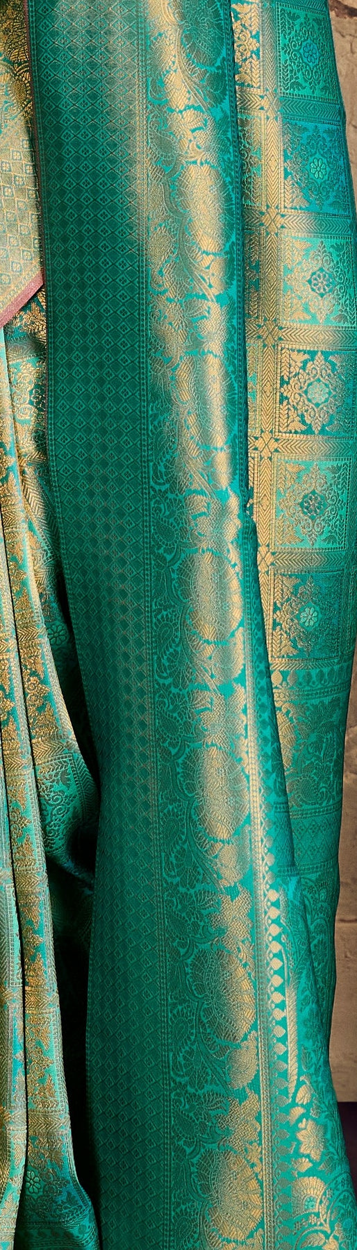 Peachmode Teal Handloom Silk Woven Saree - Image 4