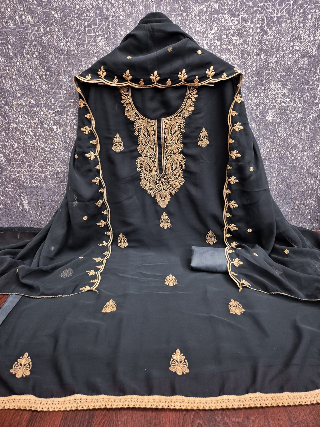 Peachmode Grey Paisley Embroidered Georgette Dress Material - Image 3