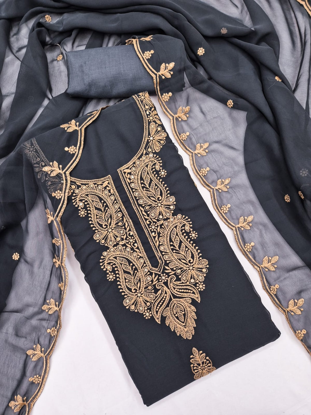 Peachmode Grey Paisley Embroidered Georgette Dress Material - Image 4