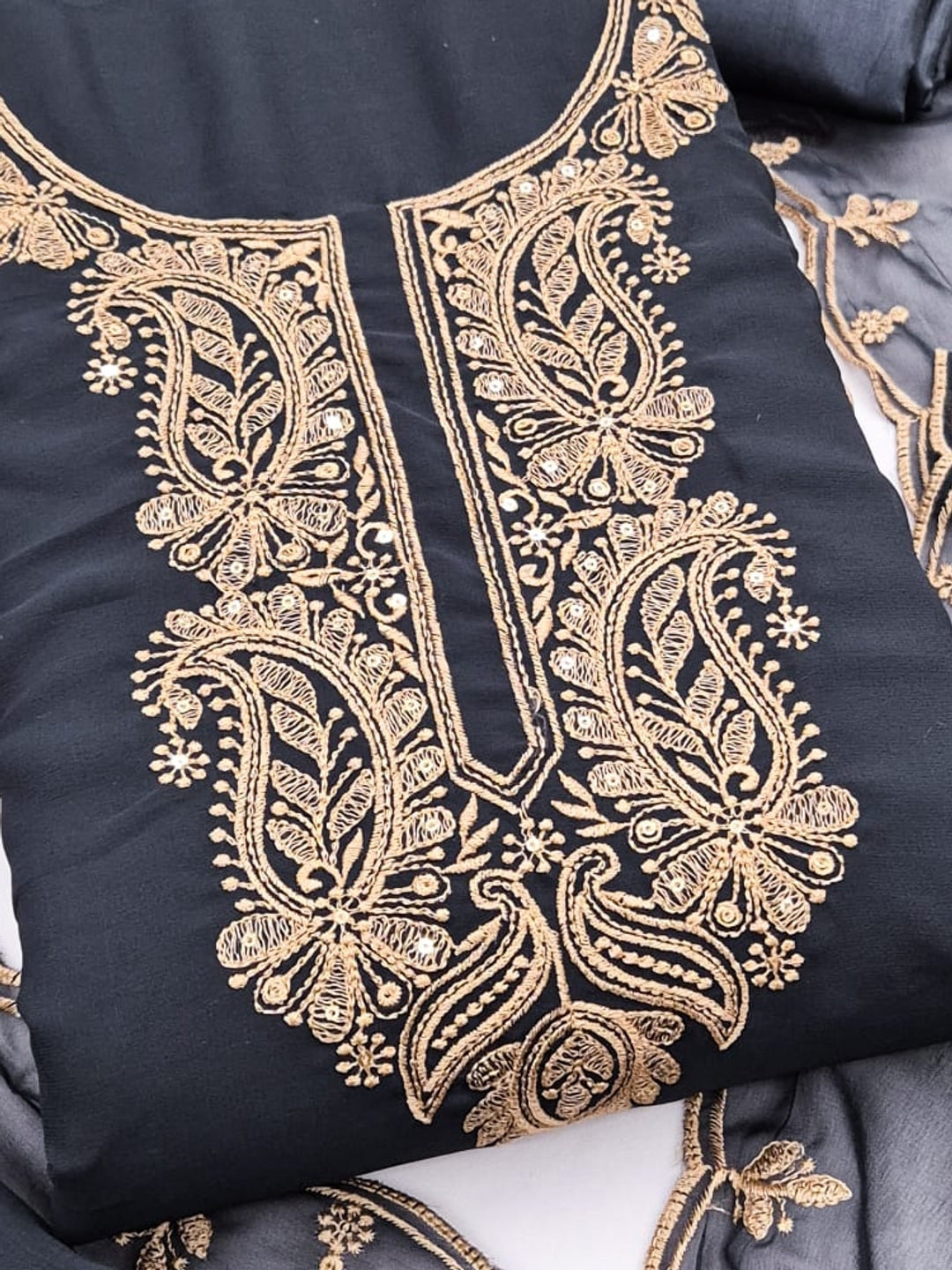 Peachmode Grey Paisley Embroidered Georgette Dress Material - Image 5