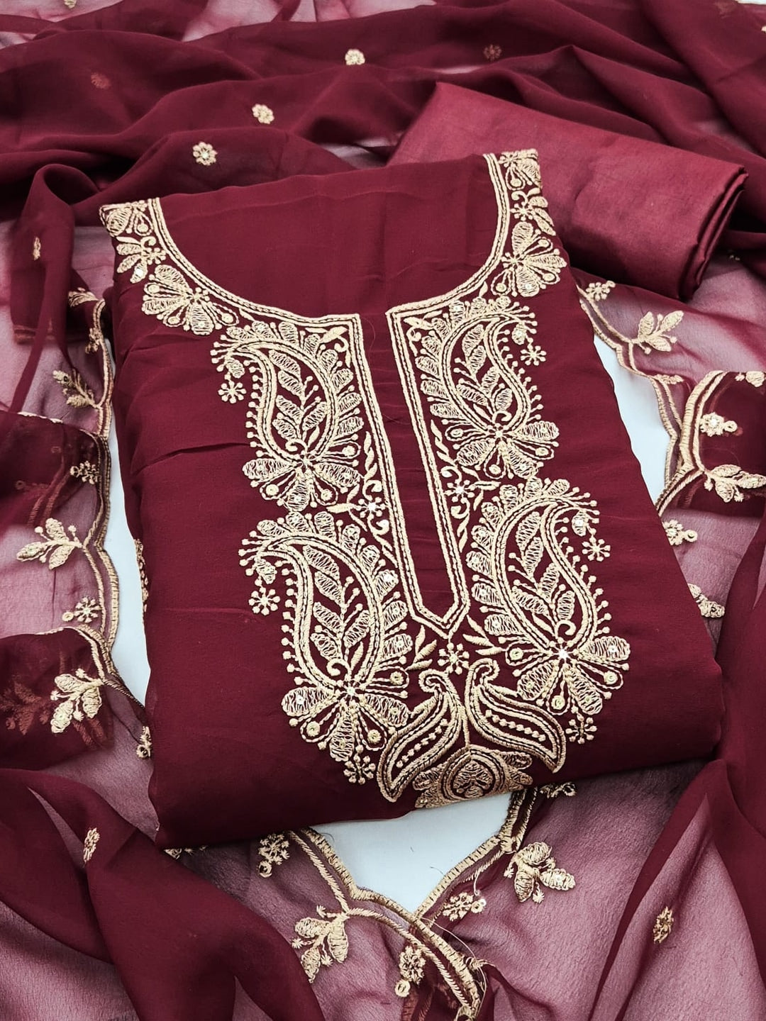 Peachmode Maroon Paisley Embroidered Georgette Dress Material - Image 1