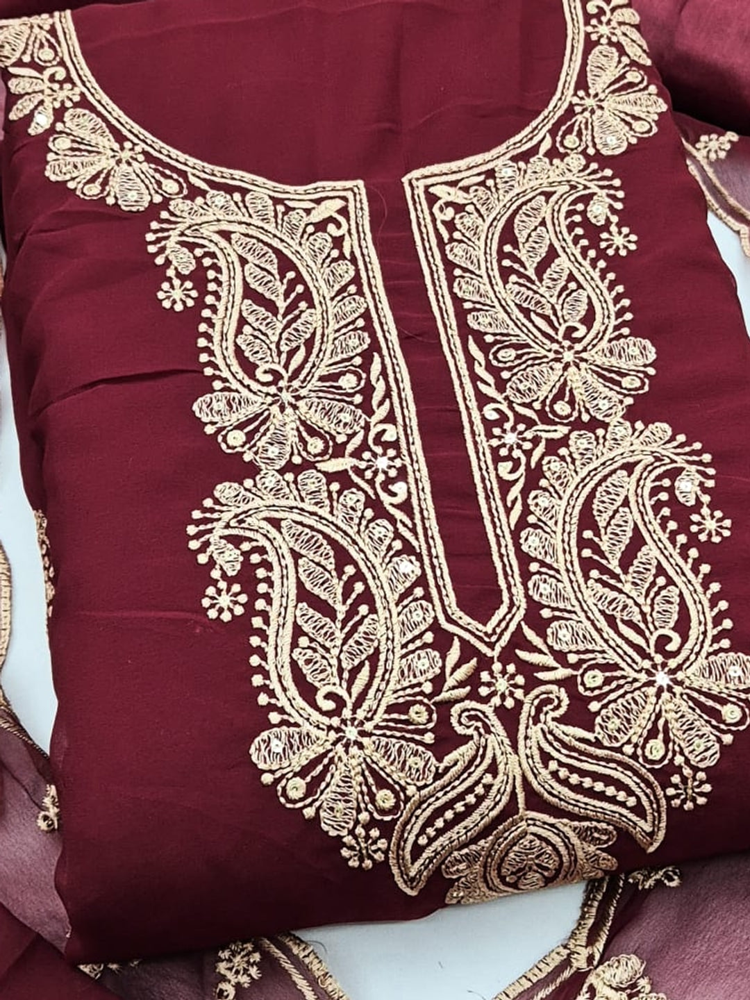 Peachmode Maroon Paisley Embroidered Georgette Dress Material - Image 5