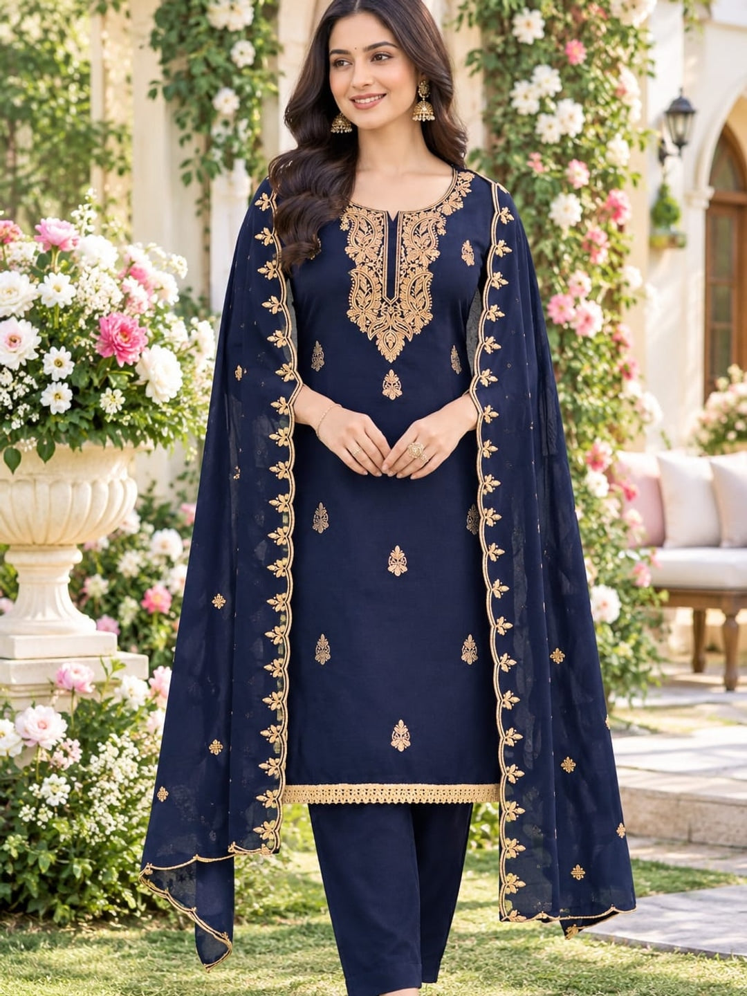Peachmode Navy Blue Paisley Embroidered Georgette Dress Material - Image 2