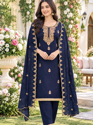 Peachmode Navy Blue Paisley Embroidered Georgette Dress Material - Image 2