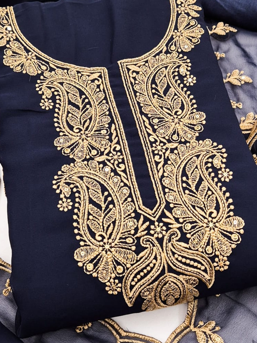 Peachmode Navy Blue Paisley Embroidered Georgette Dress Material - Image 5