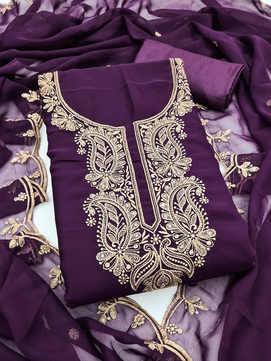 Peachmode Purple Paisley Embroidered Georgette Dress Material - Image 1