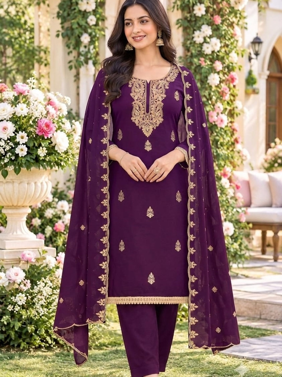 Peachmode Purple Paisley Embroidered Georgette Dress Material - Image 2