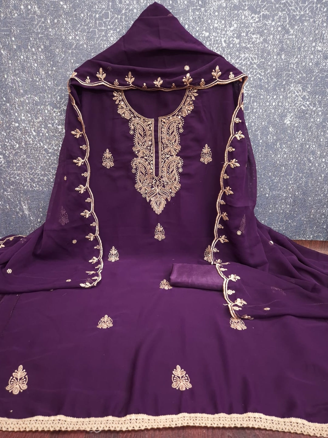 Peachmode Purple Paisley Embroidered Georgette Dress Material - Image 3