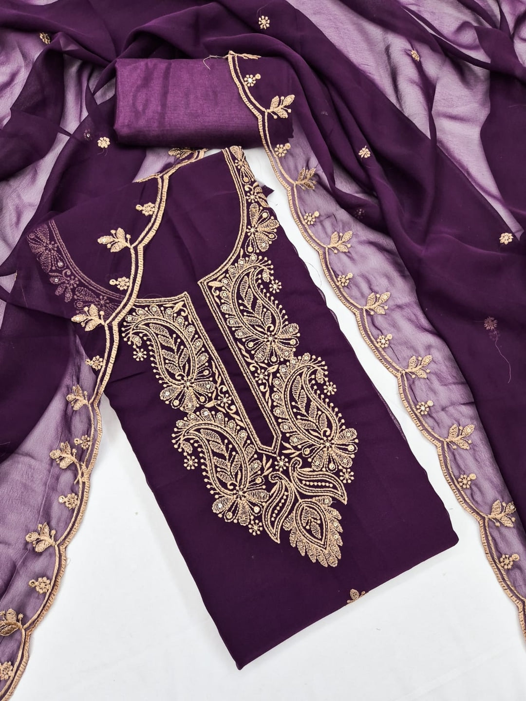 Peachmode Purple Paisley Embroidered Georgette Dress Material - Image 4