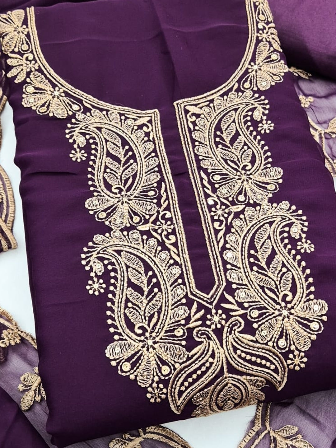 Peachmode Purple Paisley Embroidered Georgette Dress Material - Image 5