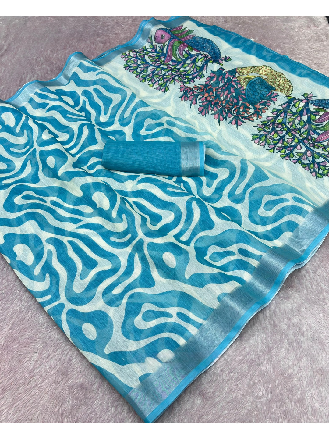 Peachmode Turquoise Abstract Print Linen Cotton Saree - Image 2