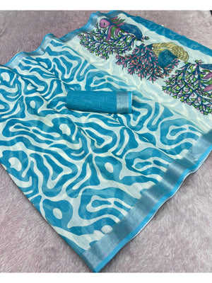 Peachmode Turquoise Abstract Print Linen Cotton Saree - Image 2