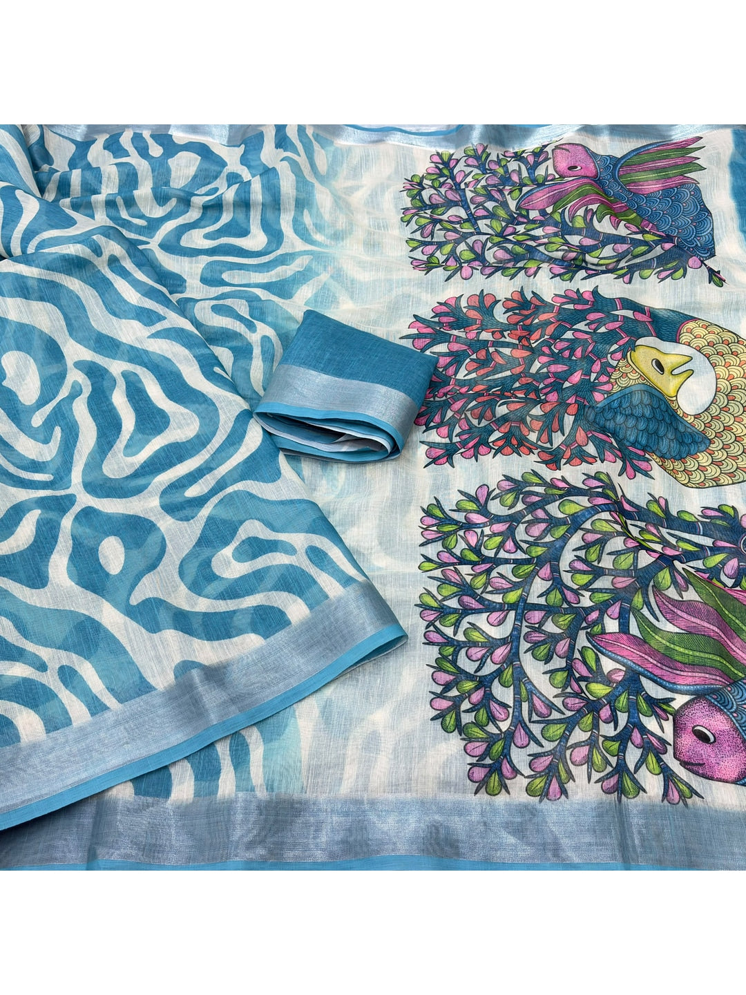 Peachmode Turquoise Abstract Print Linen Cotton Saree - Image 3