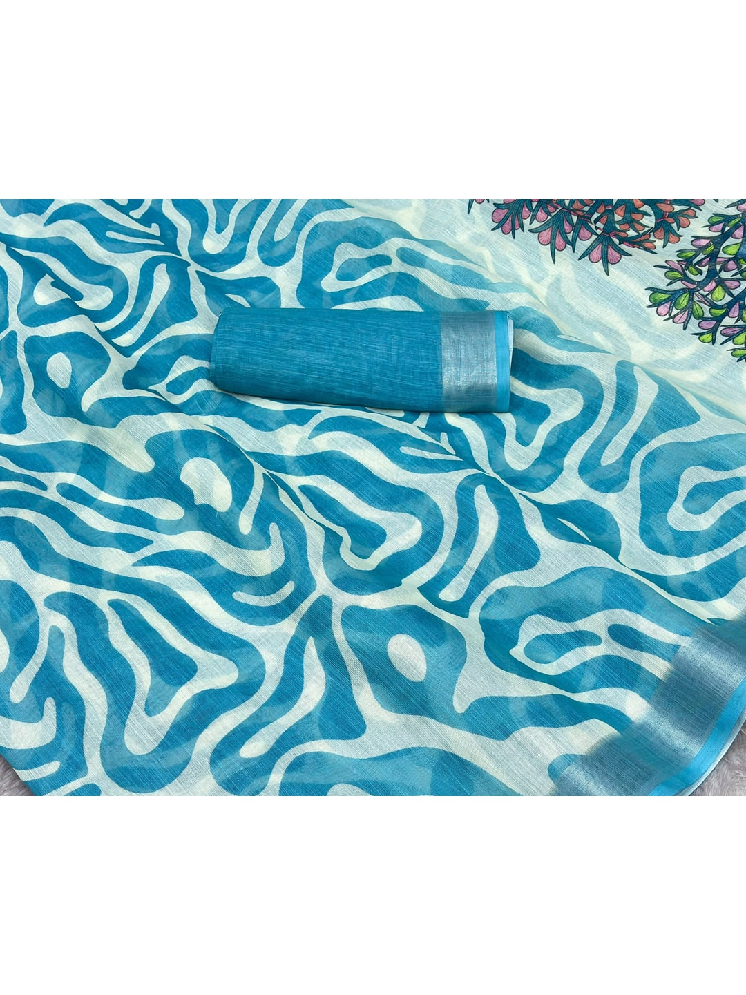 Peachmode Turquoise Abstract Print Linen Cotton Saree - Image 5